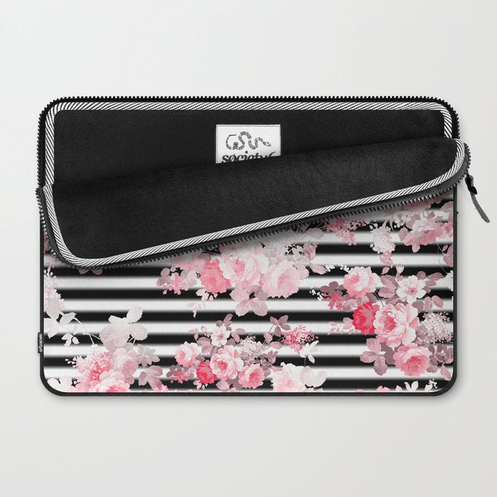 Vintage blush pink floral black white stripes Laptop Sleeve Gallery Image 2