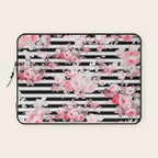 Vintage blush pink floral black white stripes Laptop Sleeve Gallery Image 1