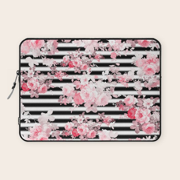 Vintage blush pink floral black white stripes Laptop Sleeve Gallery Image 1