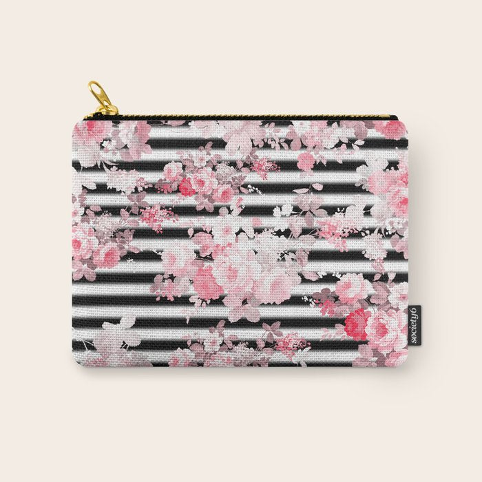 Vintage blush pink floral black white stripes Carry All Pouch Gallery Image 1
