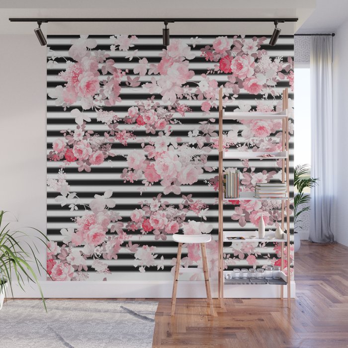 Vintage blush pink floral black white stripes Wall Mural Gallery Image 1