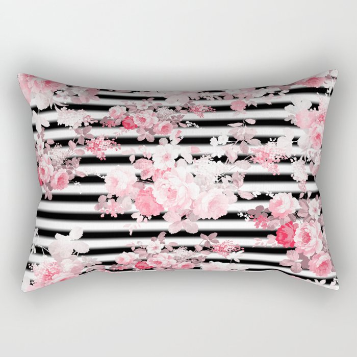 Vintage blush pink floral black white stripes Rectangular Pillow Gallery Image 1