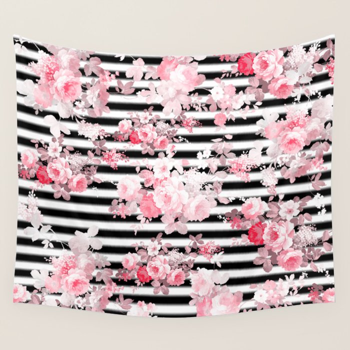 Vintage blush pink floral black white stripes Wall Tapestry Gallery Image 4