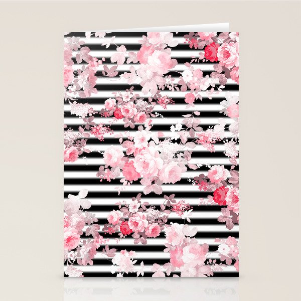 Vintage blush pink floral black white stripes Stationery Card Gallery Image 1