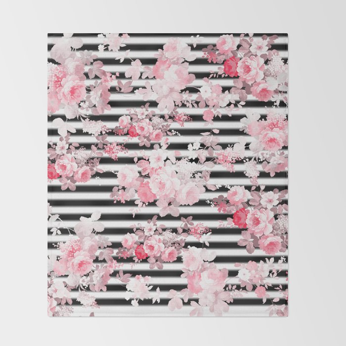 Vintage blush pink floral black white stripes Throw Blanket Gallery Image 2