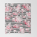 Vintage blush pink floral black white stripes Throw Blanket Gallery Image 2