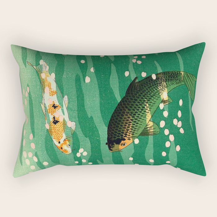 Vintage Japanese Woodblock Print Asian Art Koi Pond Fish Turquoise Green Water Cherry Blossom Rectangular Pillow Gallery Image 2
