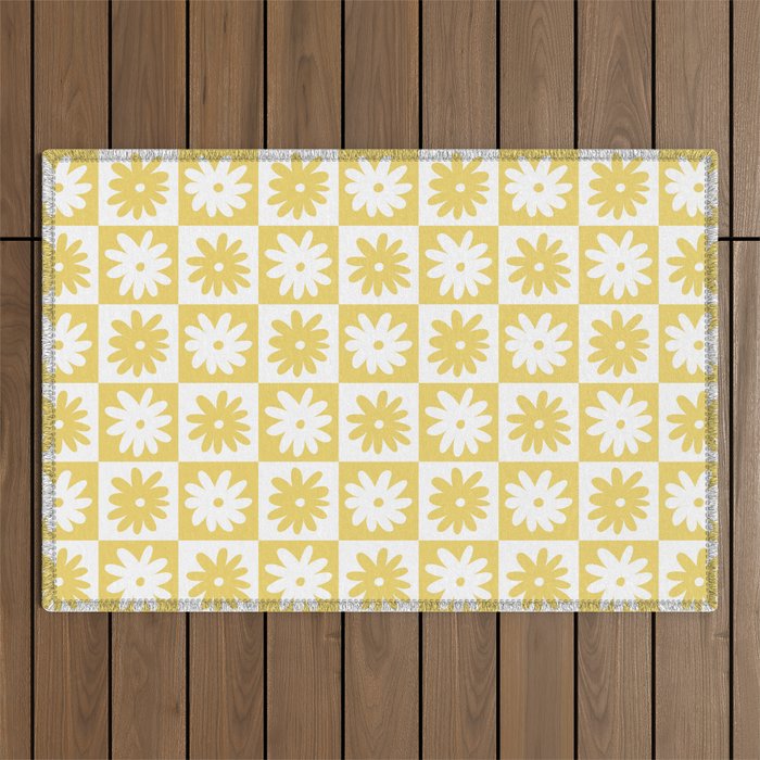 Yellow And White Checkered Flower Pattern Outdoor Rug Gallery Image 1