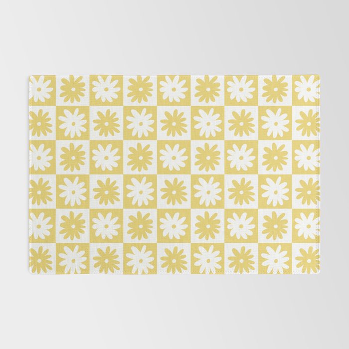 Yellow And White Checkered Flower Pattern Rug Gallery Image 2