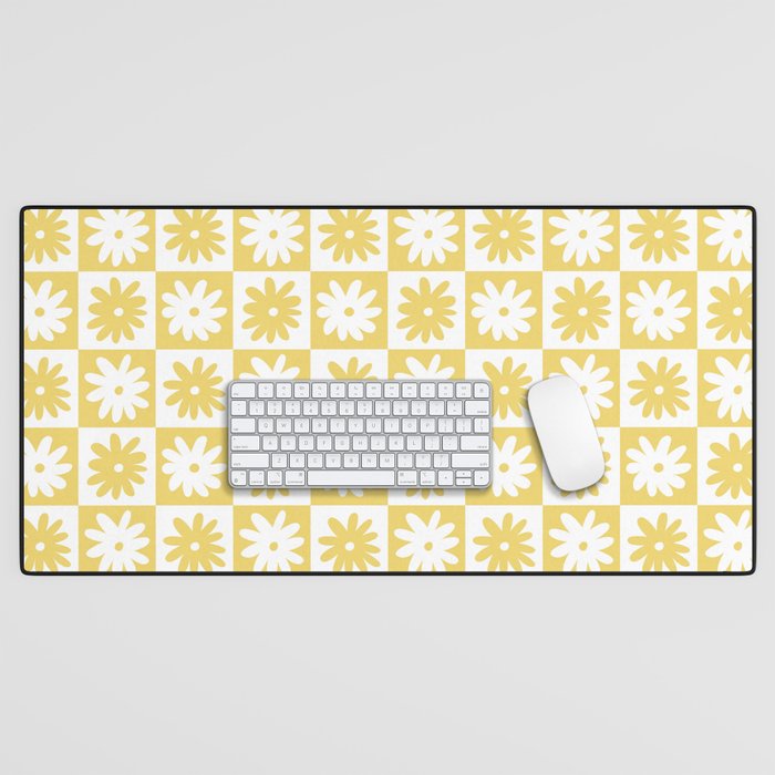 Yellow And White Checkered Flower Pattern Desk Mat Gallery Image 1
