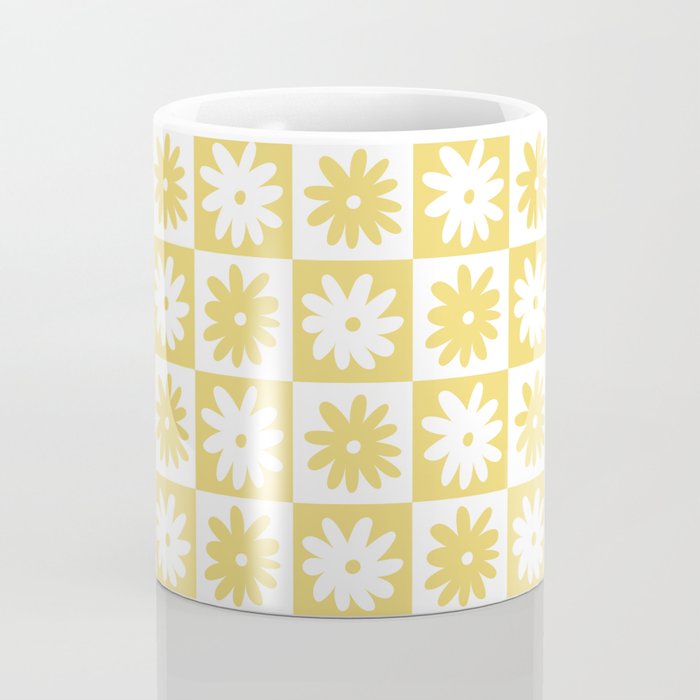 Yellow And White Checkered Flower Pattern Coffee Mug Gallery Image 4