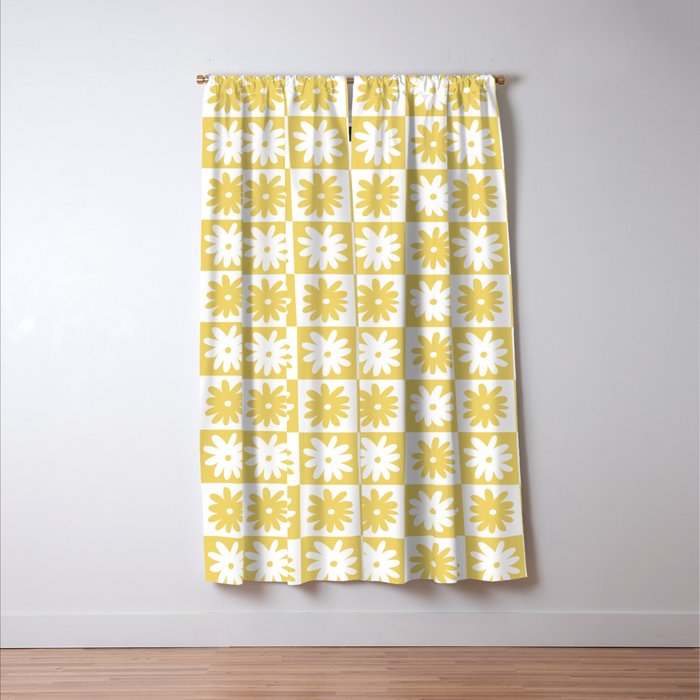 Yellow And White Checkered Flower Pattern Window Curtain Gallery Image 3