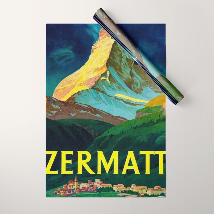 Zermatt Switzerland Vintage Mid Century Modern Travel Poster Wrapping Paper Gallery Image 1