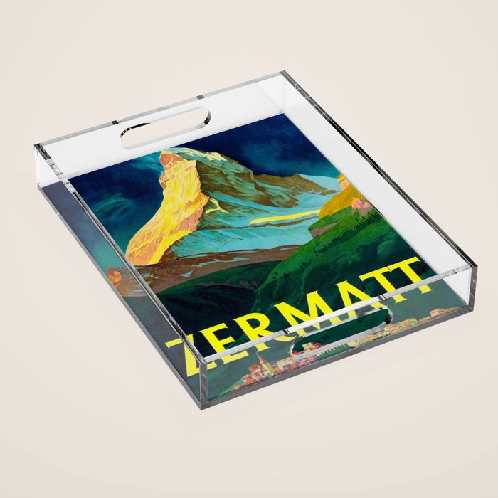 Zermatt Switzerland Vintage Mid Century Modern Travel Poster Acrylic Tray Gallery Image 1
