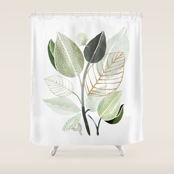 Forest Bouquet - Green Leaves Watercolor Shower Curtain Gallery Image 1