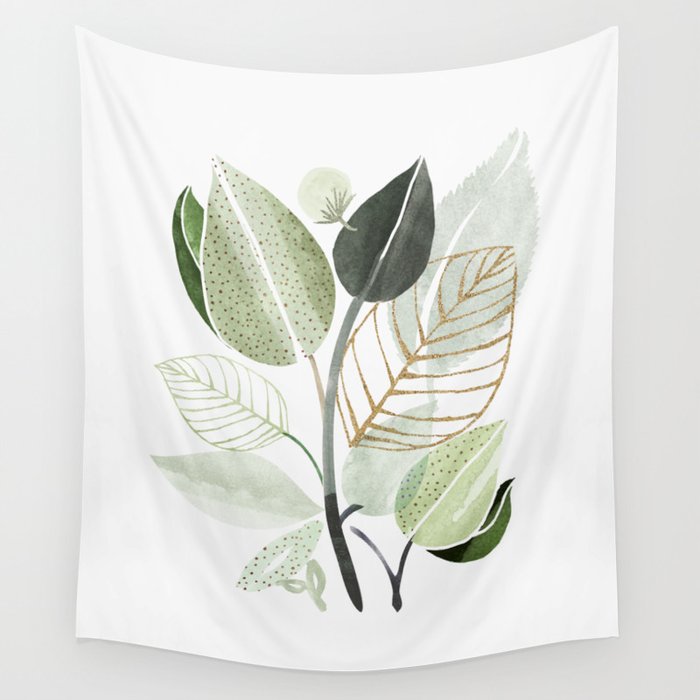 Forest Bouquet - Green Leaves Watercolor Wall Tapestry Gallery Image 4