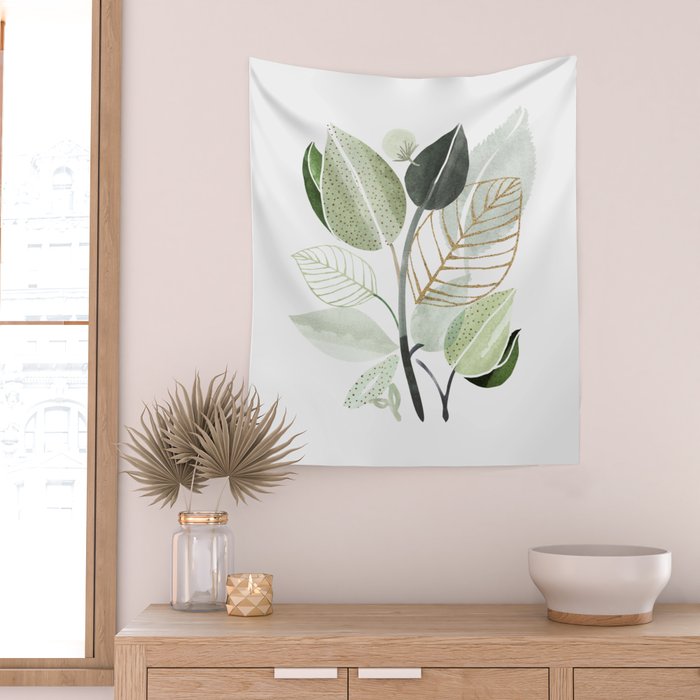 Forest Bouquet - Green Leaves Watercolor Wall Tapestry Gallery Image 2