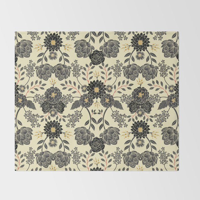 Gray, Black, Cream, Yellow & Red Sophisticated Floral Pattern Throw Blanket Gallery Image 2
