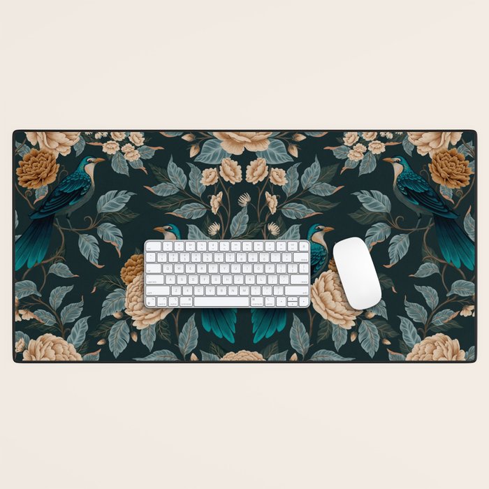 Spring Song - Dark Teal Birds and Floral Print Desk Mat Gallery Image 1