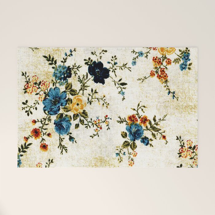 Cream Blue Yellow Floral Welcome Mat Gallery Image 1