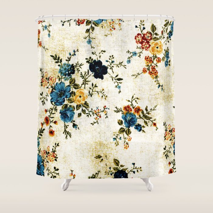 Cream Blue Yellow Floral Shower Curtain Gallery Image 1