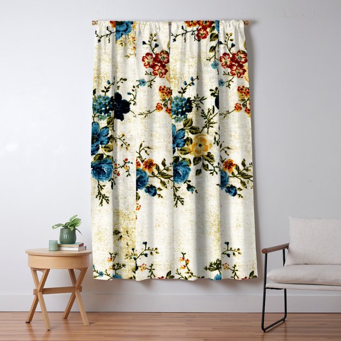 Cream Blue Yellow Floral Window Curtain Gallery Image 5