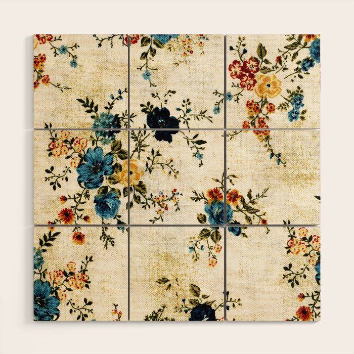 Cream Blue Yellow Floral Wood Wall Art Gallery Image 1