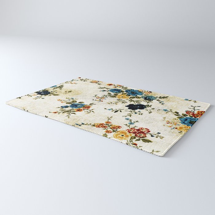 Cream Blue Yellow Floral Rug Gallery Image 3