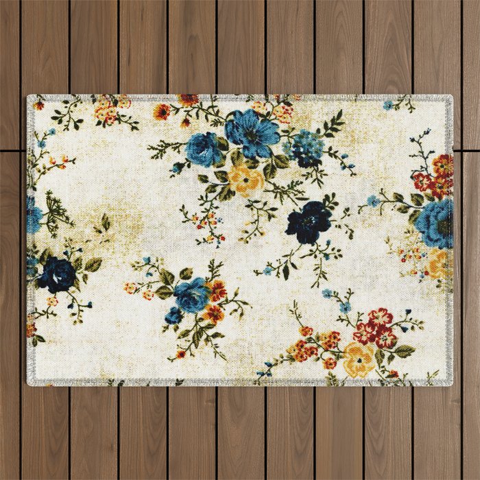 Cream Blue Yellow Floral Outdoor Rug Gallery Image 1