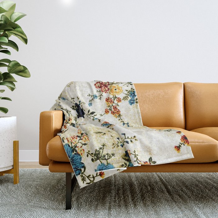Cream Blue Yellow Floral Throw Blanket Gallery Image 1