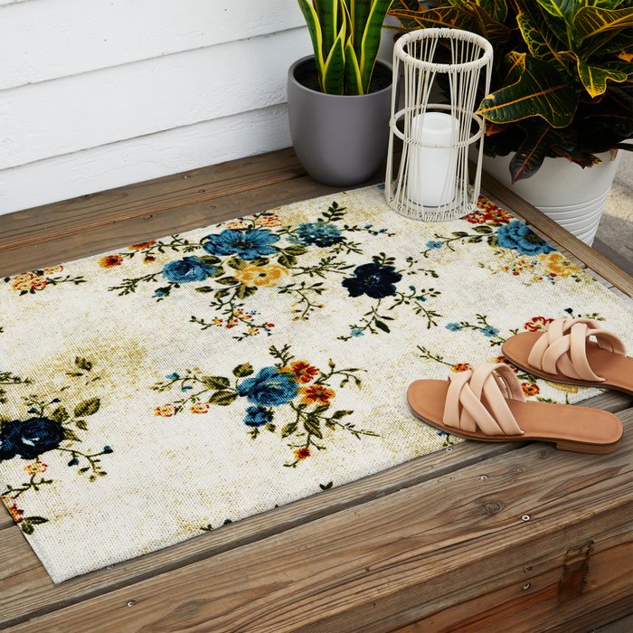 Cream Blue Yellow Floral Outdoor Rug Gallery Image 2