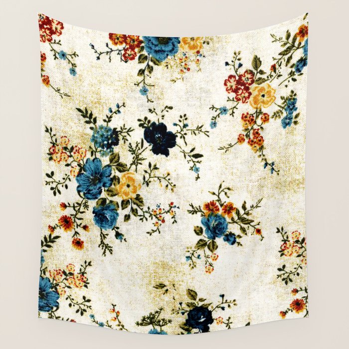 Cream Blue Yellow Floral Wall Tapestry Gallery Image 1