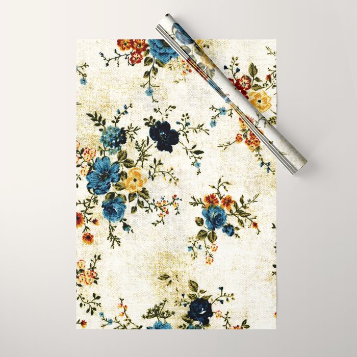 Cream Blue Yellow Floral Wrapping Paper Gallery Image 1