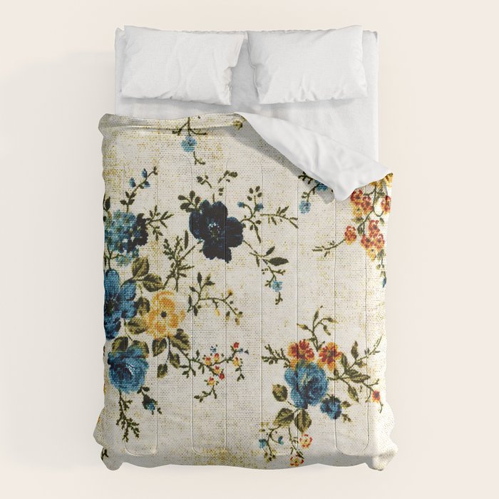 Cream Blue Yellow Floral Comforter Gallery Image 1