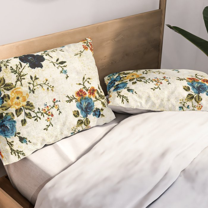 Cream Blue Yellow Floral Pillow Sham Gallery Image 2