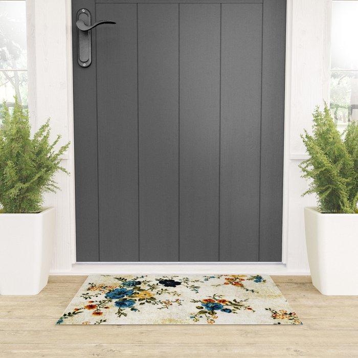 Cream Blue Yellow Floral Welcome Mat Gallery Image 3
