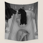 A girl and her cat lapping it up in milk; apartment bathtub nude portrait black and white photograph - photography - photographs Wall Tapestry Gallery Image 4