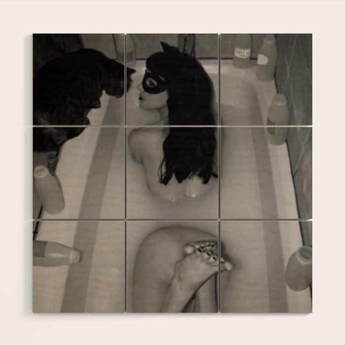 A girl and her cat lapping it up in milk; apartment bathtub nude portrait black and white photograph - photography - photographs Wood Wall Art Gallery Image 1