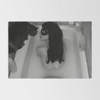 A girl and her cat lapping it up in milk; apartment bathtub nude portrait black and white photograph - photography - photographs Rug Gallery Image 2