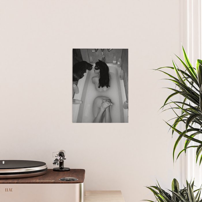 A girl and her cat lapping it up in milk; apartment bathtub nude portrait black and white photograph - photography - photographs Poster Gallery Image 2