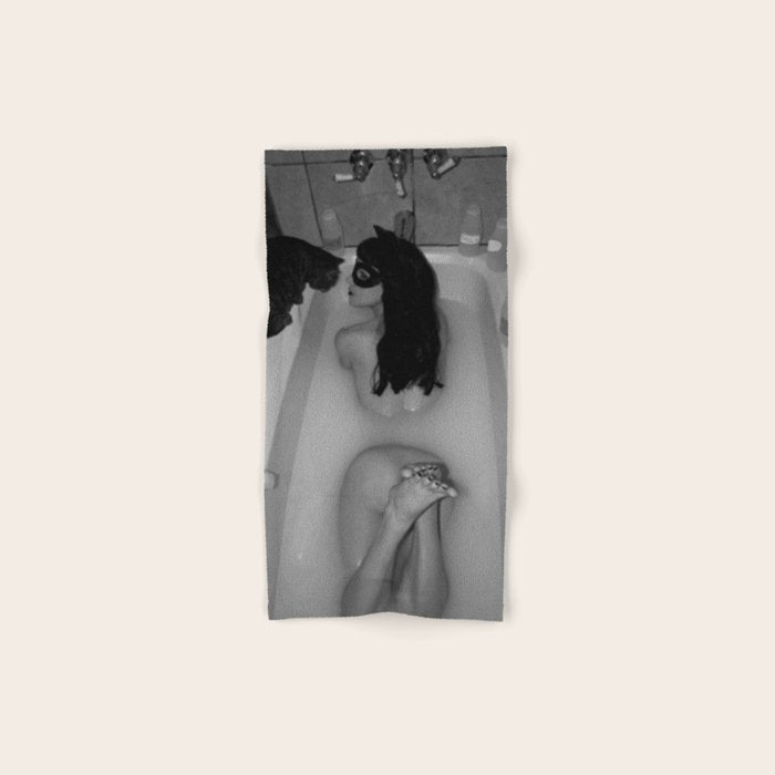A girl and her cat lapping it up in milk; apartment bathtub nude portrait black and white photograph - photography - photographs Bath Towel Gallery Image 1