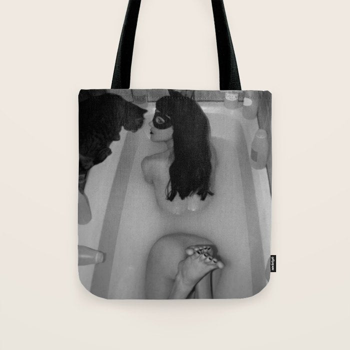 A girl and her cat lapping it up in milk; apartment bathtub nude portrait black and white photograph - photography - photographs Tote Bag Gallery Image 1