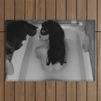 A girl and her cat lapping it up in milk; apartment bathtub nude portrait black and white photograph - photography - photographs Outdoor Rug Gallery Image 1