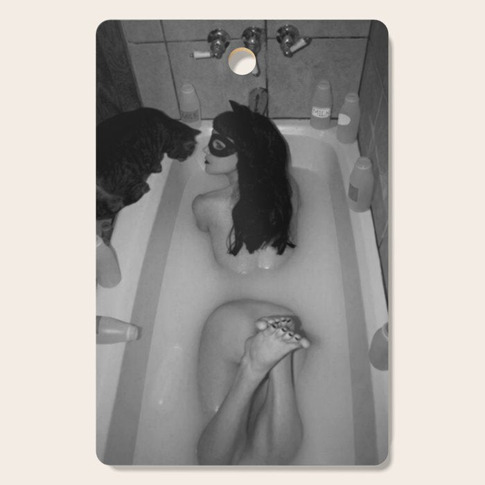 A girl and her cat lapping it up in milk; apartment bathtub nude portrait black and white photograph - photography - photographs Cutting Board Gallery Image 1