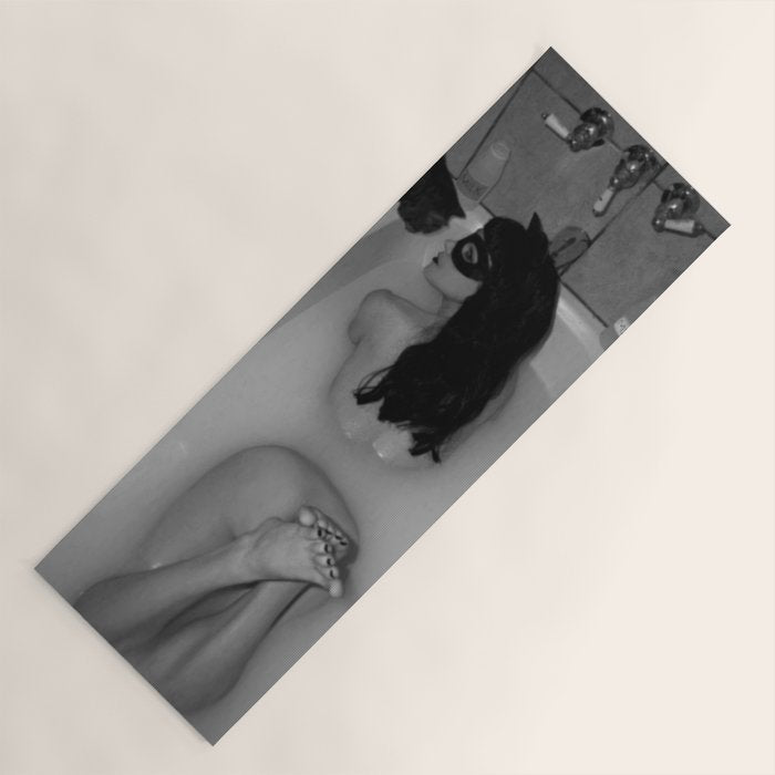 A girl and her cat lapping it up in milk; apartment bathtub nude portrait black and white photograph - photography - photographs Yoga Mat Gallery Image 1