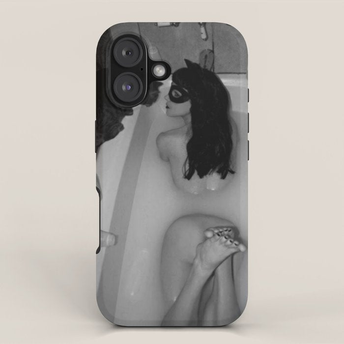A girl and her cat lapping it up in milk; apartment bathtub nude portrait black and white photograph - photography - photographs iPhone Case Gallery Image 1