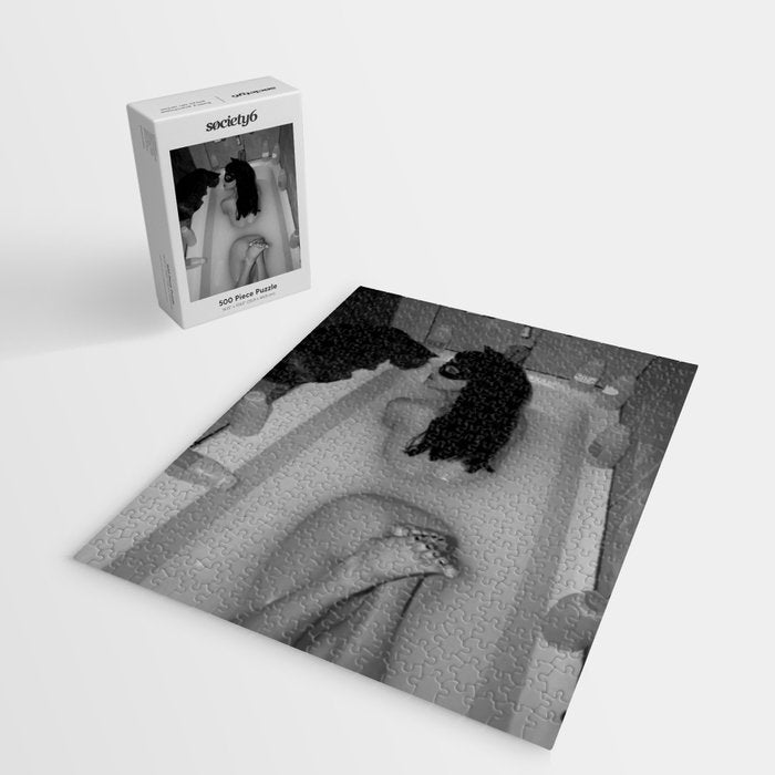 A girl and her cat lapping it up in milk; apartment bathtub nude portrait black and white photograph - photography - photographs Jigsaw Puzzle Gallery Image 2