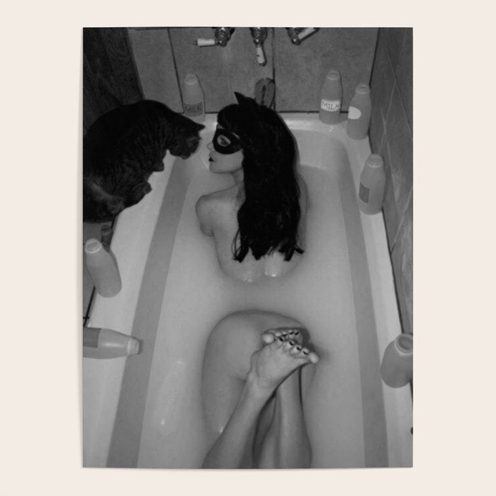 A girl and her cat lapping it up in milk; apartment bathtub nude portrait black and white photograph - photography - photographs Poster Gallery Image 4