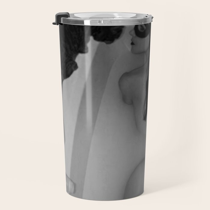 A girl and her cat lapping it up in milk; apartment bathtub nude portrait black and white photograph - photography - photographs Travel Mug Gallery Image 3