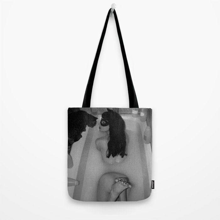 A girl and her cat lapping it up in milk; apartment bathtub nude portrait black and white photograph - photography - photographs Tote Bag Gallery Image 2